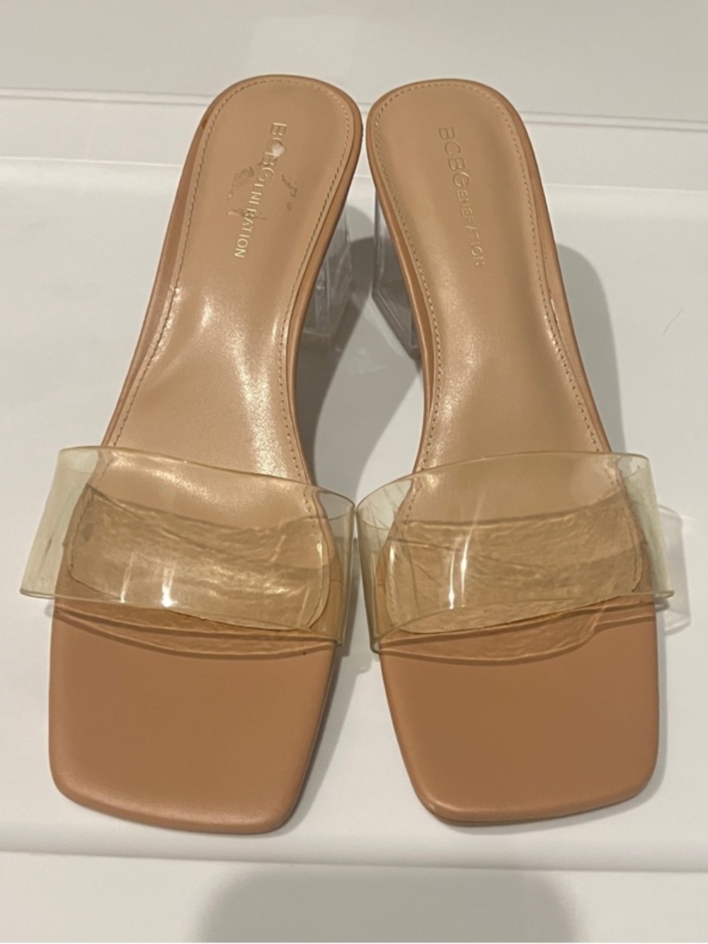 BCBG Clear Strap Tan Slide Sandals - Women size 10